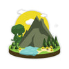 Dinosaur sticker with T-Rex peaking around a mountain looking over native american teepees.