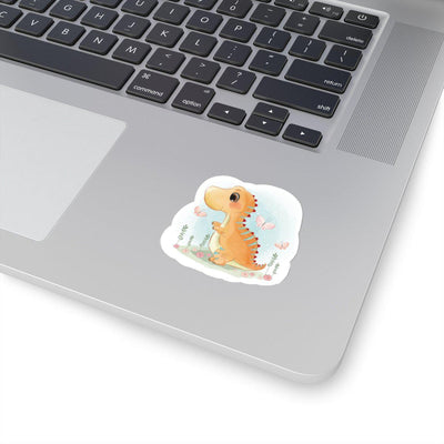 Watercolor dinosaur sticker featuring an orange baby dinosaur playing in a field with three pink butterflies.