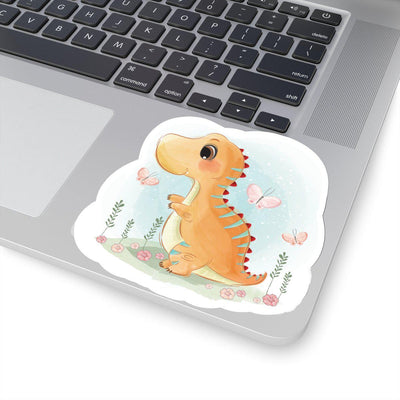 4x4 Watercolor dinosaur sticker featuring an adorable orange baby dinosaur playing in a field with three pink butterflies.