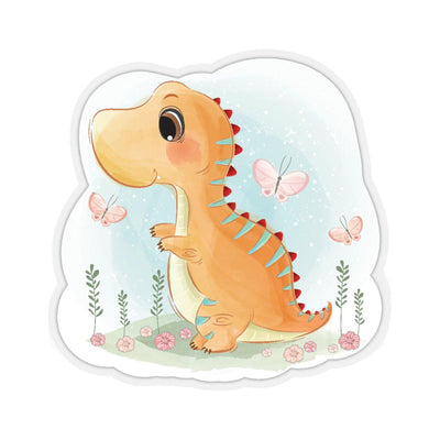 A dinosaur sticker with an orange watercolored baby dinosaur playing in a field with pink butterflies.
