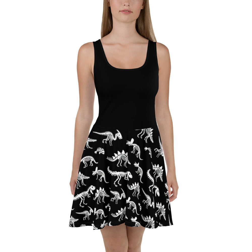 Black Dinosaur Skeletons - Women's Dinosaur Dress XS Black Dinosaur Skeletons - Women's Dinosaur Dress XS