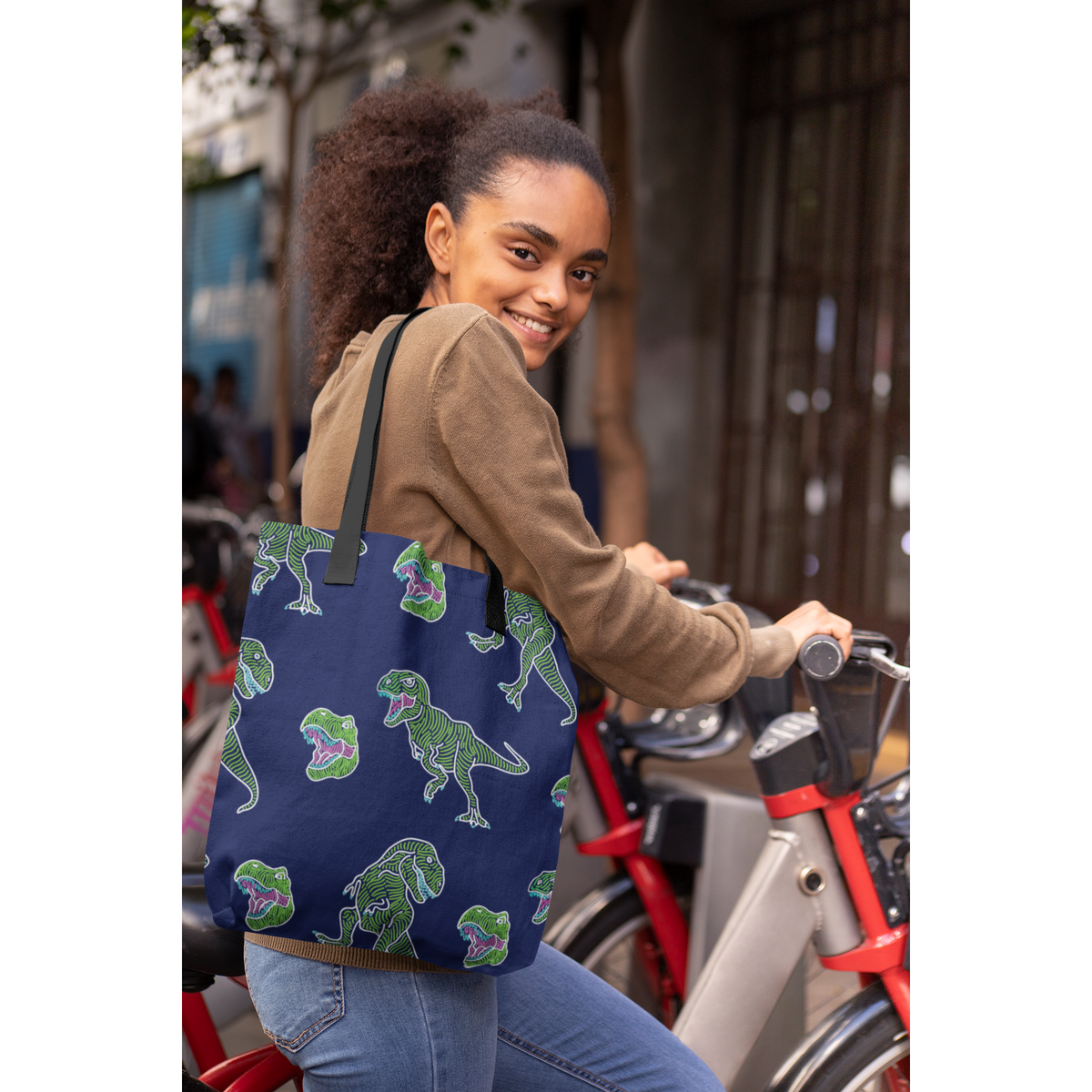 Woman Wearing Dinosaur Tote Bag