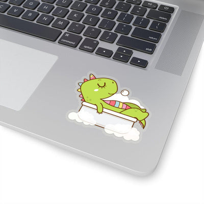 3x3 sticker of a multi-colored spiked dinosaur relaxing in the bathtub.