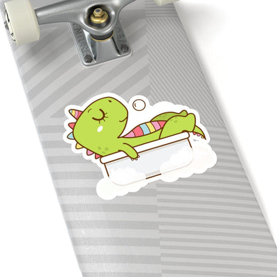 6x6 sticker with a girl dinosaur with rainbow spikes taking a bubble bath.